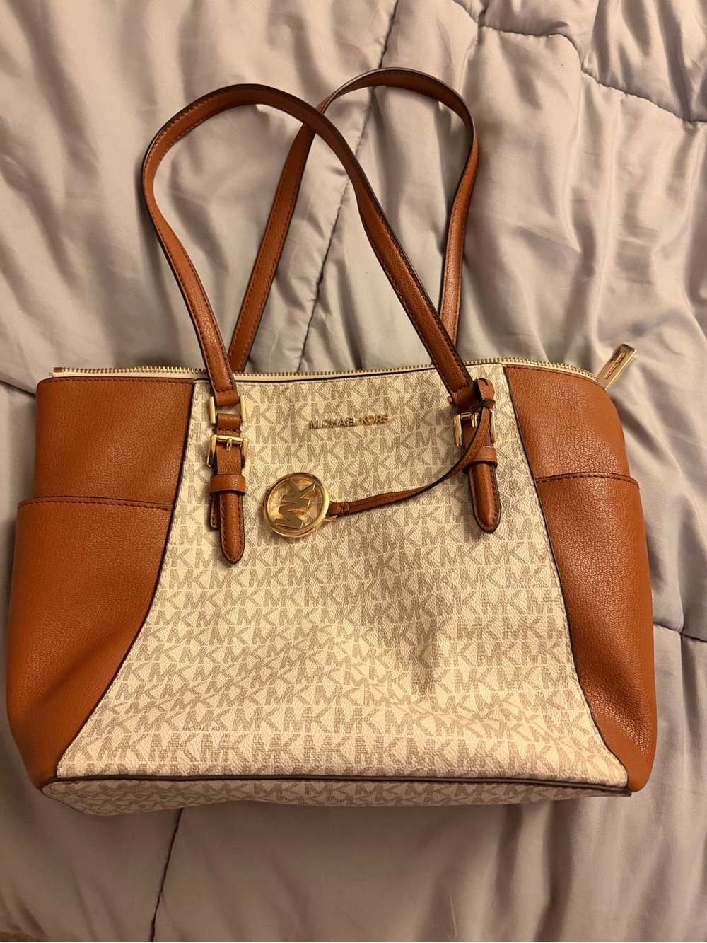 Michael Kors Tan and Cream Signature Shoulder Tote